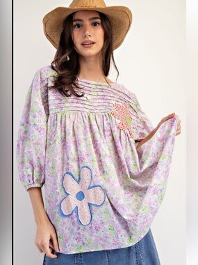315 ❤️ EASEL FLOWER PATCH PRINTED WOVEN BABYDOLL TUNIC